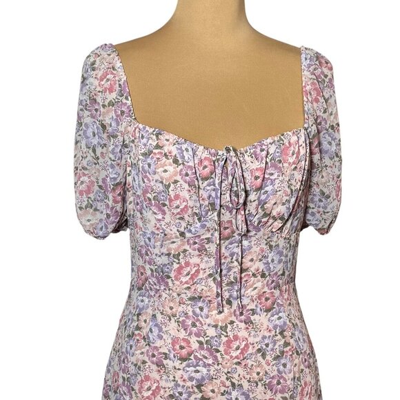 ASTR the Label Bow Tie Ruffle Midi Dress SZ M Pink Purple Floral Milkmaid - Picture 3 of 14